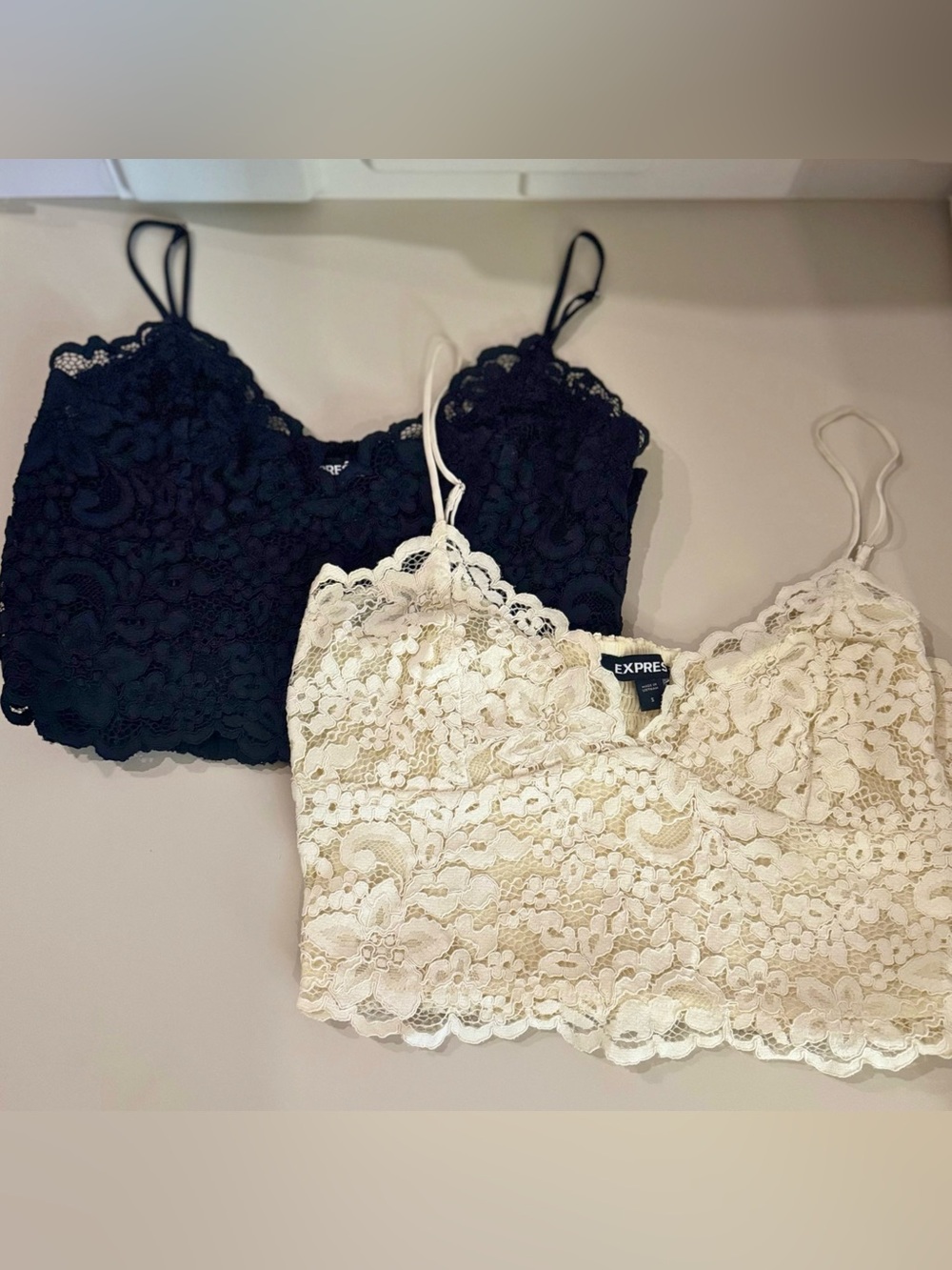 Express Set of 2 Allover Floral Lace Cropped Cami, Black & White, Size Small